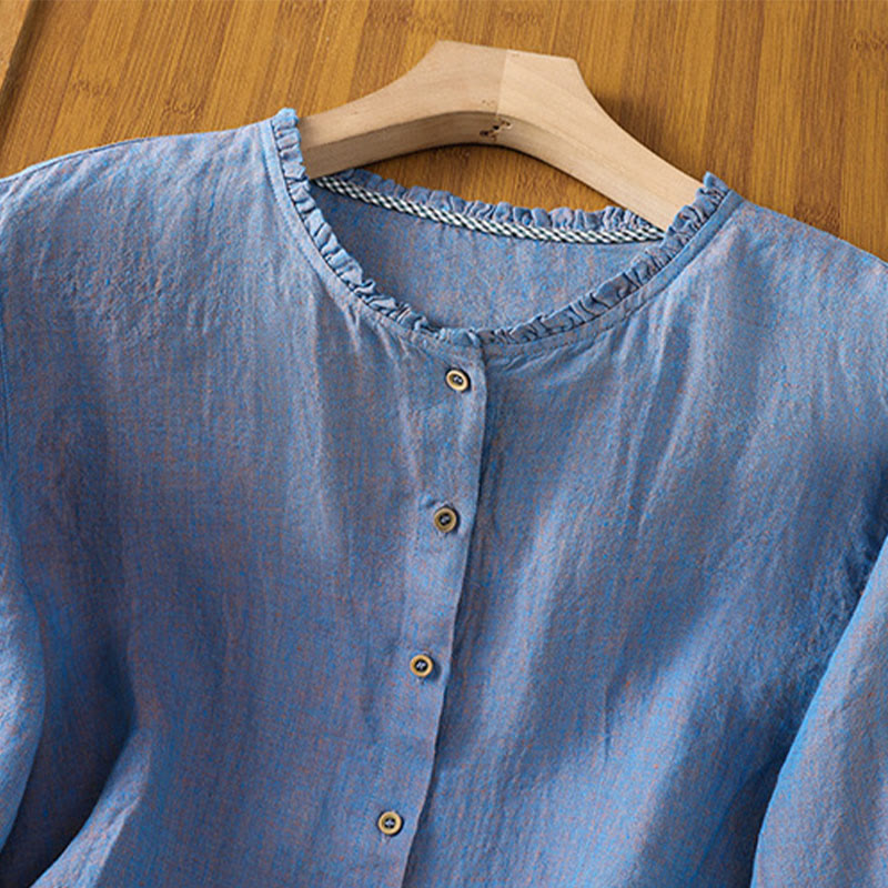 Buddha Stones Spring Solid Color Buttons Design Ruffled Crew Neck Women's Cotton Linen Shirt - image 17