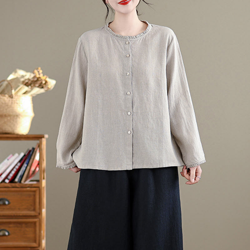 Buddha Stones Spring Solid Color Buttons Design Ruffled Crew Neck Women's Cotton Linen Shirt - image 6