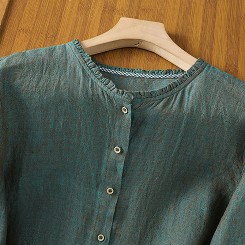 Buddha Stones Spring Solid Color Buttons Design Ruffled Crew Neck Women's Cotton Linen Shirt - image 1