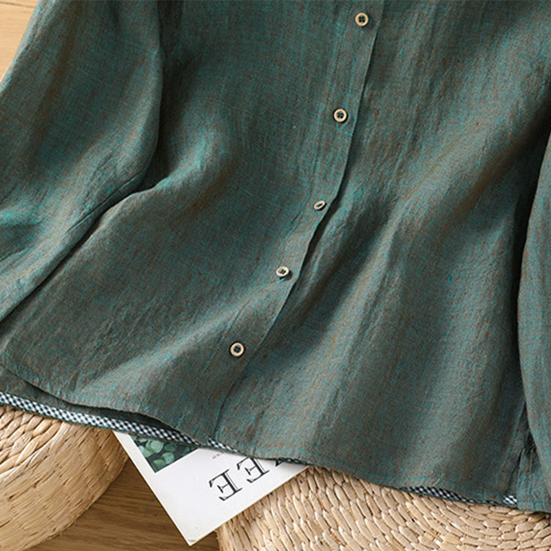 Buddha Stones Spring Solid Color Buttons Design Ruffled Crew Neck Women's Cotton Linen Shirt - image 4