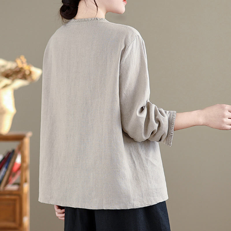 Buddha Stones Spring Solid Color Buttons Design Ruffled Crew Neck Women's Cotton Linen Shirt - image 7