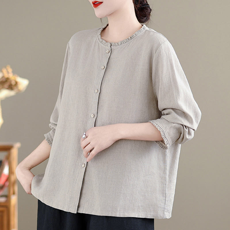 Buddha Stones Spring Solid Color Buttons Design Ruffled Crew Neck Women's Shirt - image 9