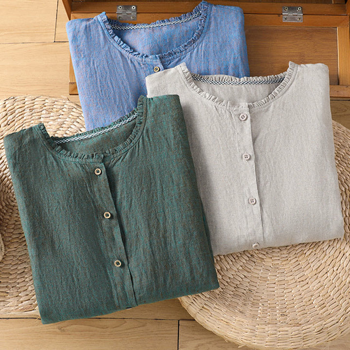 Buddha Stones Spring Solid Color Buttons Design Ruffled Crew Neck Women's Cotton Linen Shirt - image 20