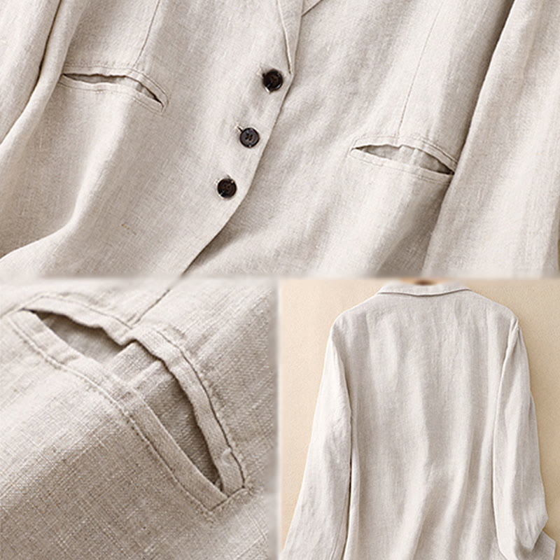 Buddha Stones Commute Retro Pure Color Lapel Cotton Linen Women's Jacket With Pockets - image 12