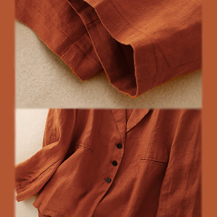 Buddha Stones Commute Retro Pure Color Lapel Cotton Linen Women's Jacket With Pockets - image 15