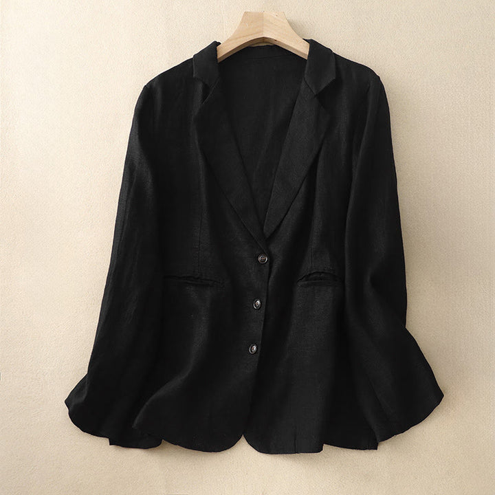 Buddha Stones Commute Retro Pure Color Lapel Cotton Linen Women's Jacket With Pockets - Black - US14，UK/AU18，EU46 (2XL) - image 4