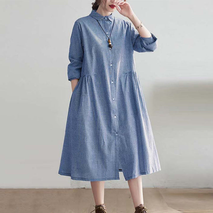Buddha Stones Small Grid Pattern Cotton Linen Women's Midi Dress With Pockets - image 3