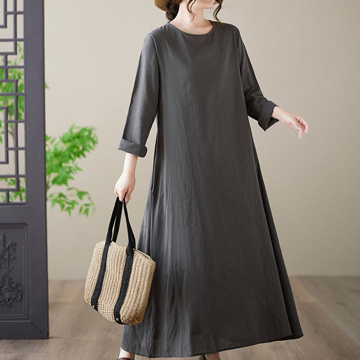 Buddha Stones Casual Plain Crew Neck Cotton Linen Midi Dress With Pockets - image 5