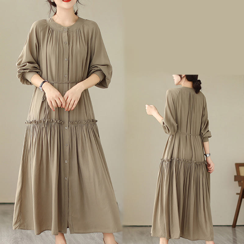 Buddha Stones Casual Plain Crew Neck Pleated Polyester Midi Dress With Pockets - image 5