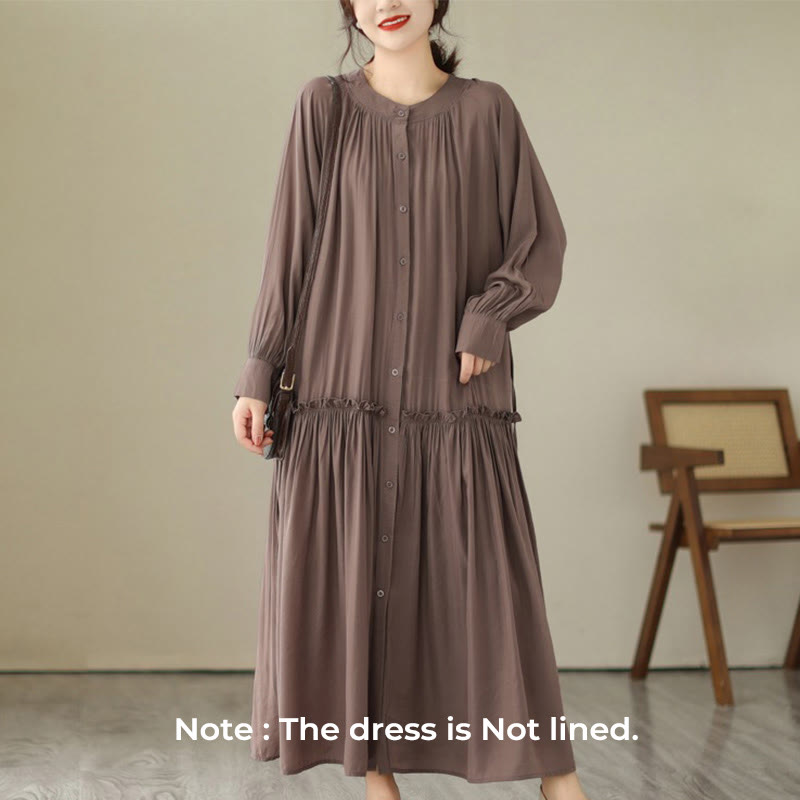 Buddha Stones Casual Plain Crew Neck Pleated Polyester Midi Dress With Pockets - image 26