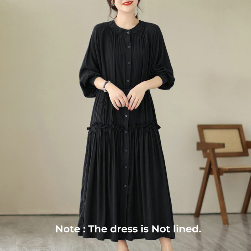 Buddha Stones Casual Plain Crew Neck Pleated Polyester Midi Dress With Pockets - image 7