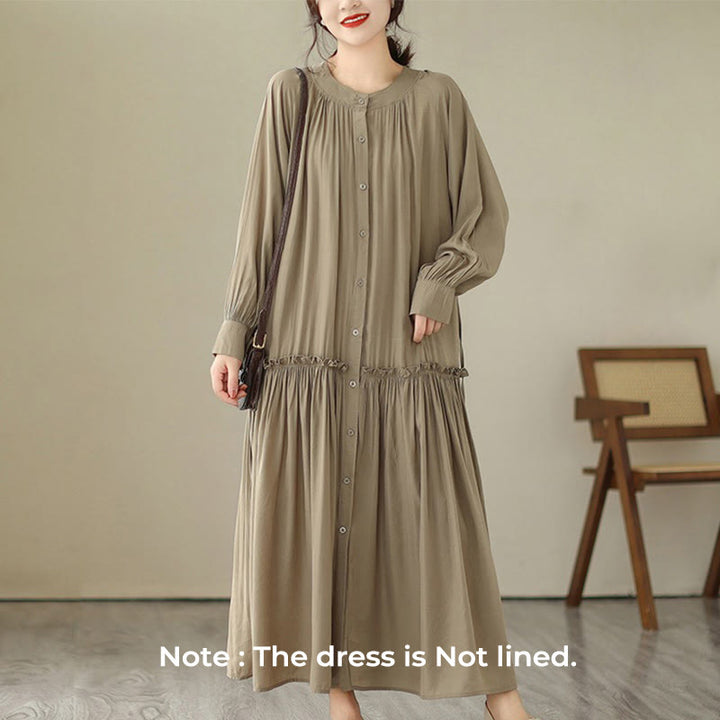 Buddha Stones Casual Plain Crew Neck Pleated Polyester Midi Dress With Pockets - image 1