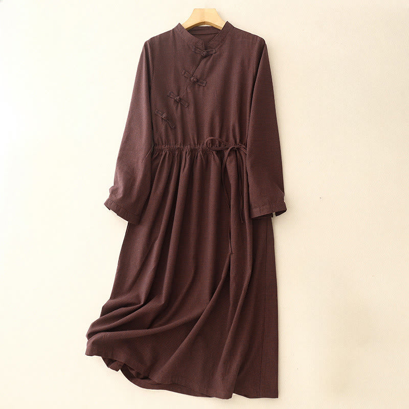 Buddha Stones Casual Plain Frog-button Cotton Midi Dress With Pockets - DarkRed - US8-10，UK/AU12-14，EU40-42 (2XL) - image 0