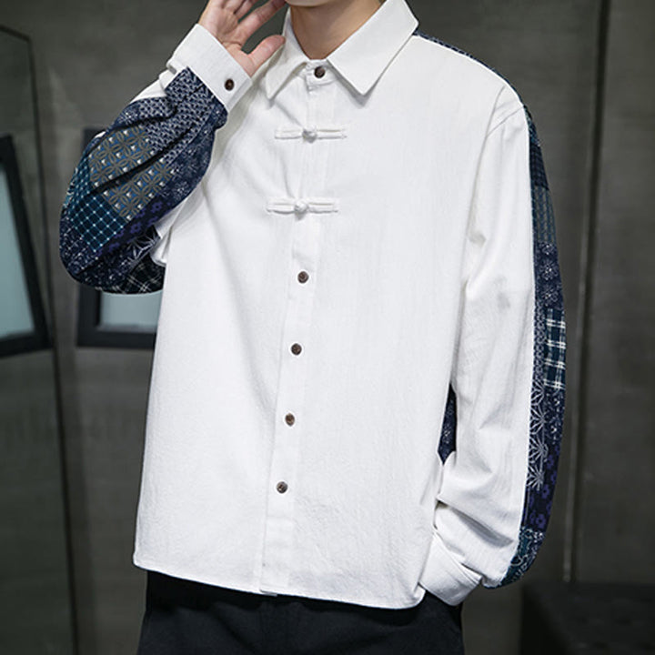 Buddha Stones Men's Flower Pattern Stitching Cotton Blend Long Sleeve Shirt - image 15