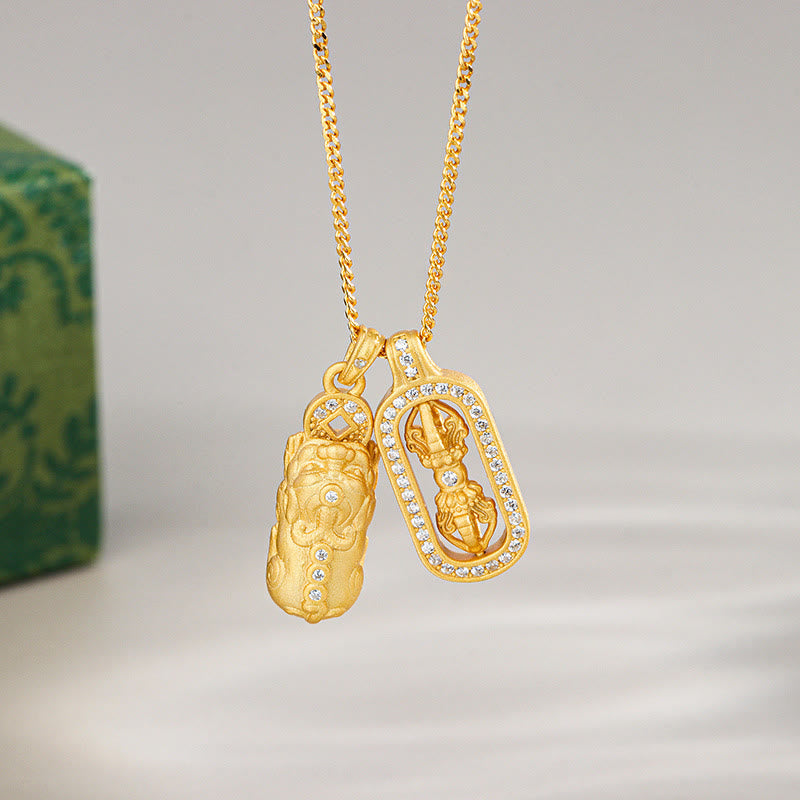 Buddha Stones 925 Sterling Silver Mini PiXiu Dorje Vajra Wealth Necklace Pendant - Golden - Pixiu Vajra - image 0