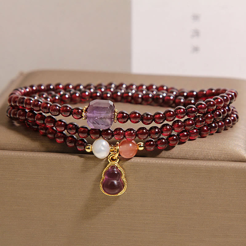 Buddha Stones Natural Garnet Amethyst Gourd Protection Multi-Layer Bracelet - Garnet(Wrist Circumference: 14-15cm) - image 1