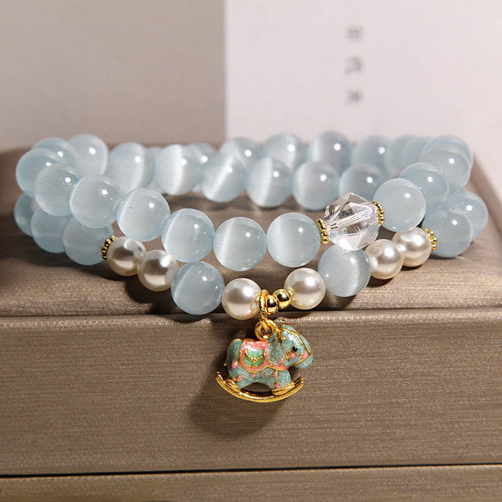 Buddha Stones Blue Cat Eye Trojan Horse Charm Support Double Wrap Bracelet - image 4