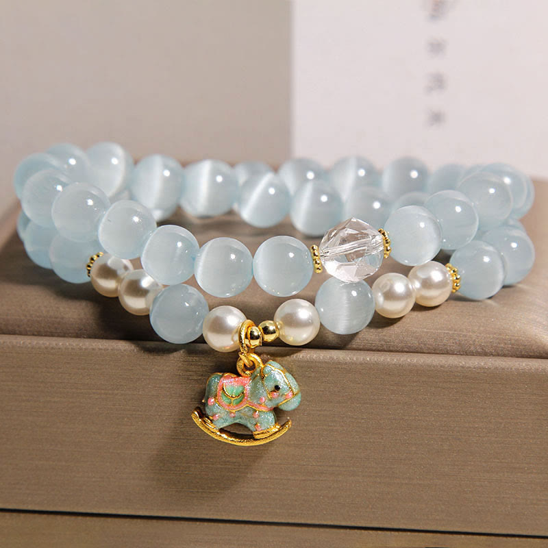 Buddha Stones Blue Cat Eye Trojan Horse Charm Support Double Wrap Bracelet - image 5