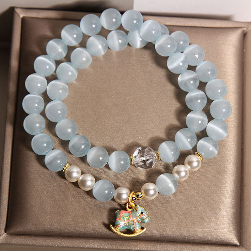 Buddha Stones Blue Cat Eye Trojan Horse Charm Support Double Wrap Bracelet - image 2