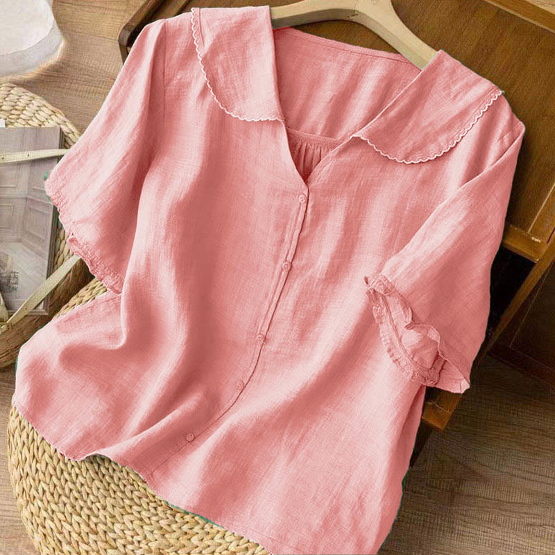 Buddha Stones Casual Plain Button Half Sleeve Middy Collar Cotton Women's Shirt - image 24