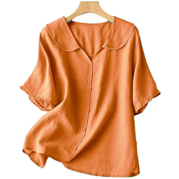 Buddha Stones Casual Plain Button Half Sleeve Middy Collar Cotton Women's Shirt - image 7