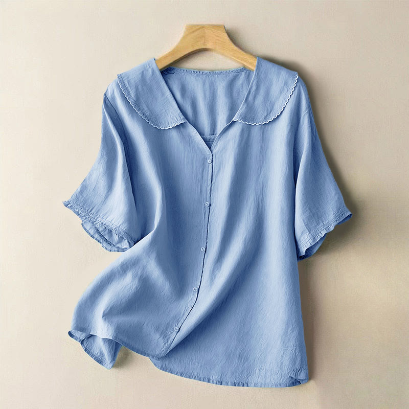 Buddha Stones Casual Plain Button Half Sleeve Middy Collar Cotton Women's Shirt - CornflowerBlue - US12，UK/AU16，EU44 (2XL) - image 12