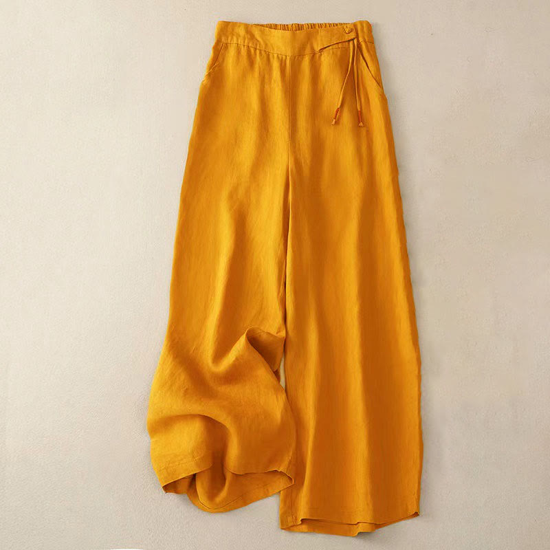 Buddha Stones Casual Solid Color One Button Cotton Linen Women's Wide Leg Pants With Pockets - Orange - US12，UK/AU16，EU44 (3XL) - image 1