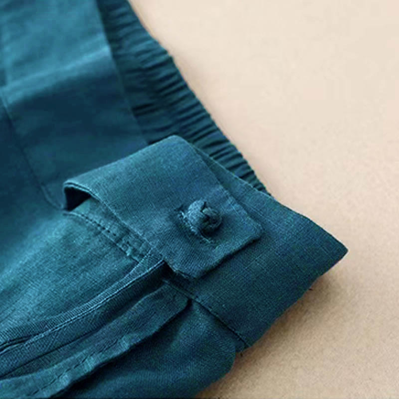 Buddha Stones Casual Solid Color One Button Cotton Linen Women's Wide Leg Pants With Pockets - image 28