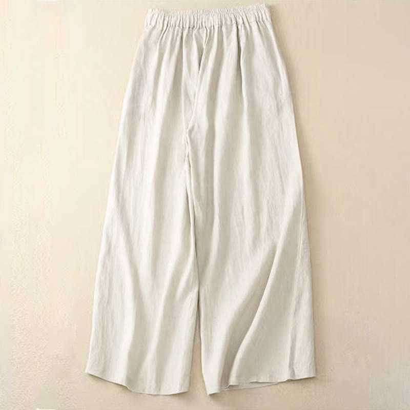Buddha Stones Casual Solid Color One Button Cotton Linen Women's Wide Leg Pants With Pockets - image 15
