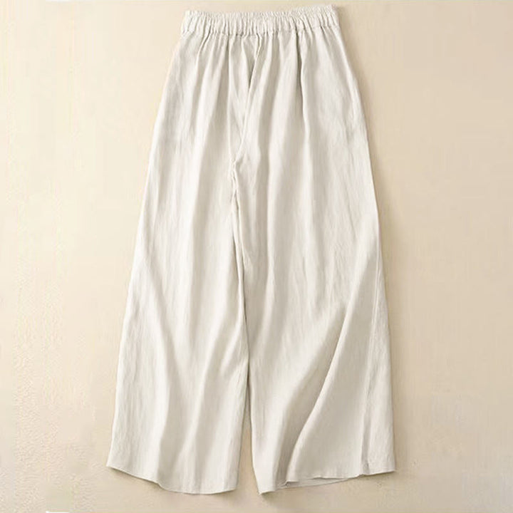 Buddha Stones Casual Solid Color One Button Cotton Linen Women's Wide Leg Pants With Pockets - image 15