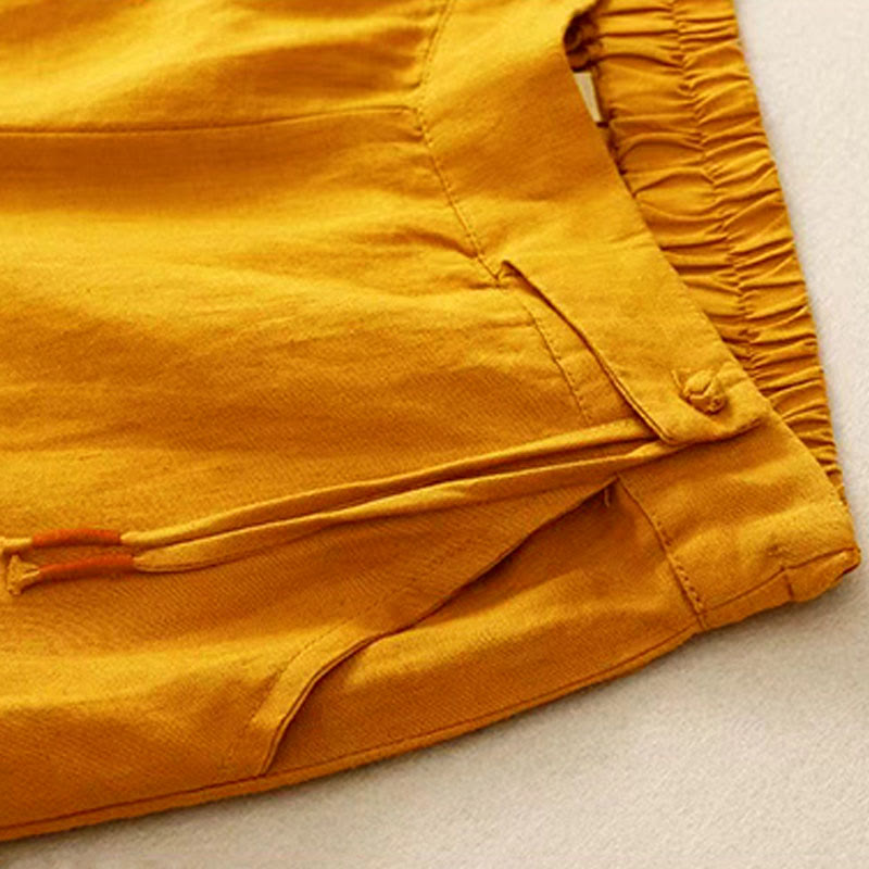 Buddha Stones Casual Solid Color One Button Cotton Linen Women's Wide Leg Pants With Pockets - image 4