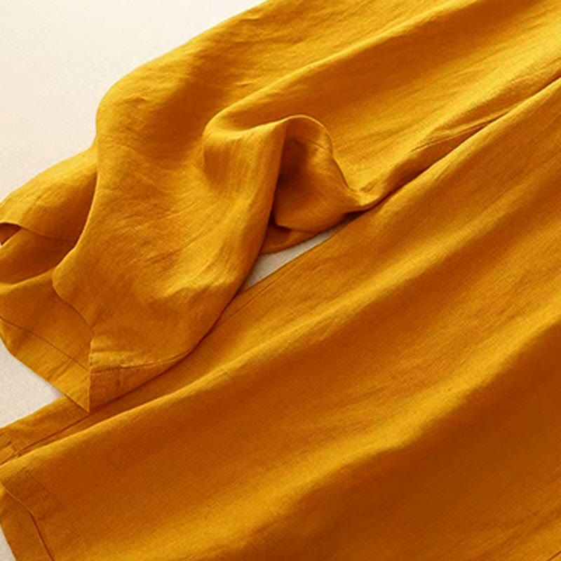 Buddha Stones Casual Solid Color One Button Cotton Linen Women's Wide Leg Pants With Pockets - image 6
