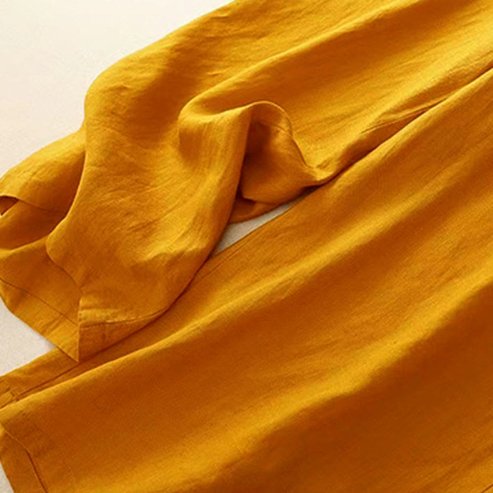Buddha Stones Casual Solid Color One Button Cotton Linen Women's Wide Leg Pants With Pockets - image 6