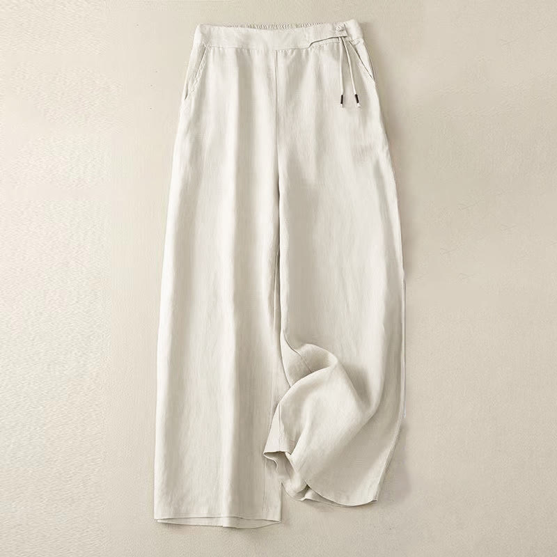 Buddha Stones Casual Solid Color One Button Cotton Linen Women's Wide Leg Pants With Pockets - Beige - US12，UK/AU16，EU44 (3XL) - image 13