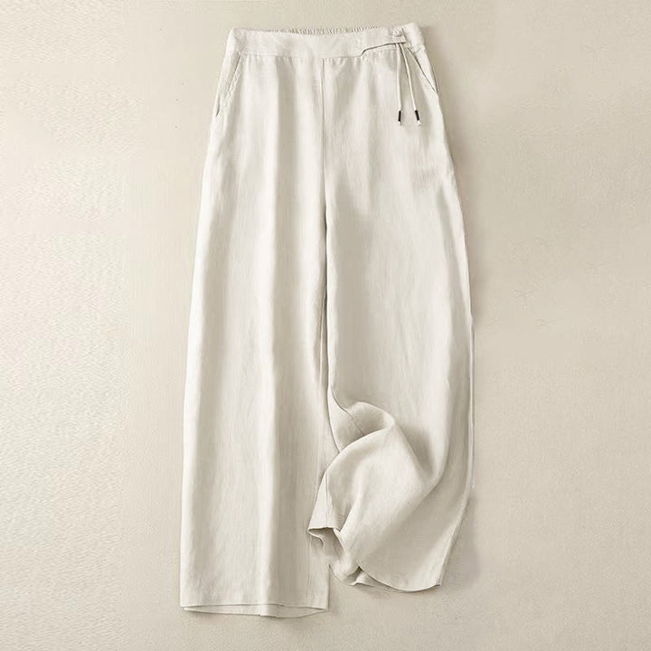 Buddha Stones Casual Solid Color One Button Cotton Linen Women's Wide Leg Pants With Pockets - Beige - US12，UK/AU16，EU44 (3XL) - image 13