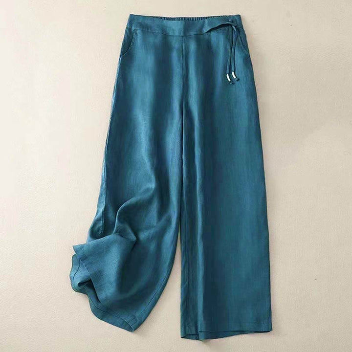 Buddha Stones Casual Solid Color One Button Cotton Linen Women's Wide Leg Pants With Pockets - Teal - US12，UK/AU16，EU44 (3XL) - image 23