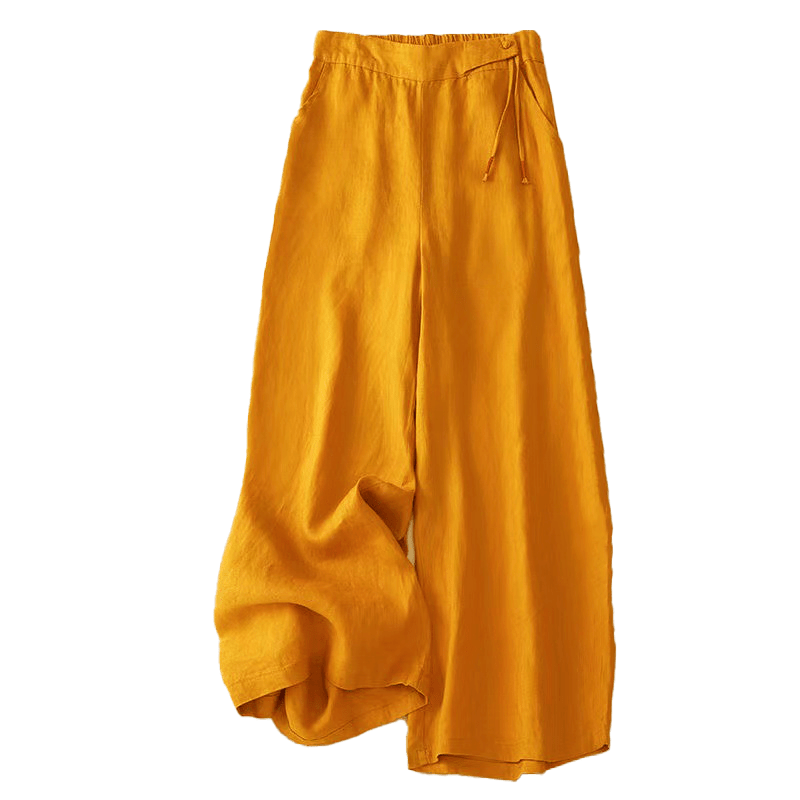 Buddha Stones Casual Solid Color One Button Cotton Linen Women's Wide Leg Pants With Pockets - image 3