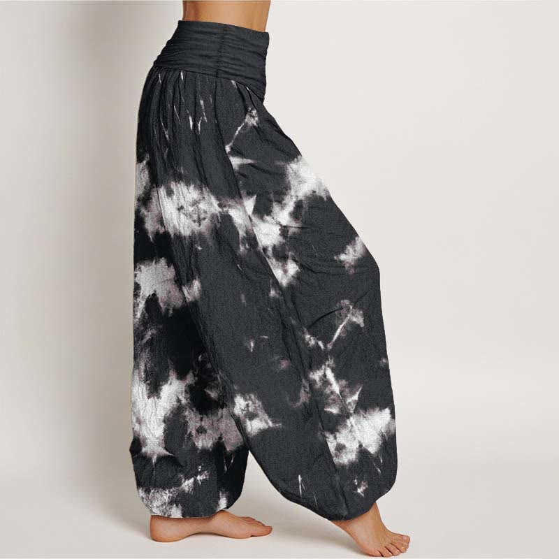 Buddha Stones Pure Cotton White Lines Spots Tie-Dye Pattern Women's Elastic Waist Harem Pants - image 2
