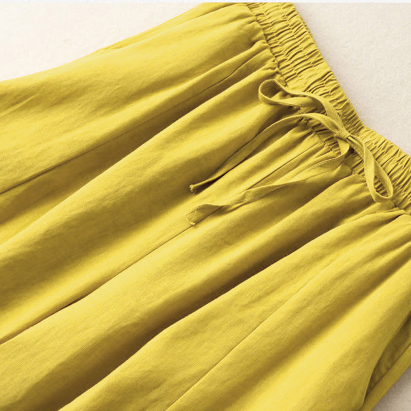 Buddha Stones Plain Color 7-8 Length Capri Cropped Pants Cotton Linen Women's Wide Leg Pants With Pockets - image 2