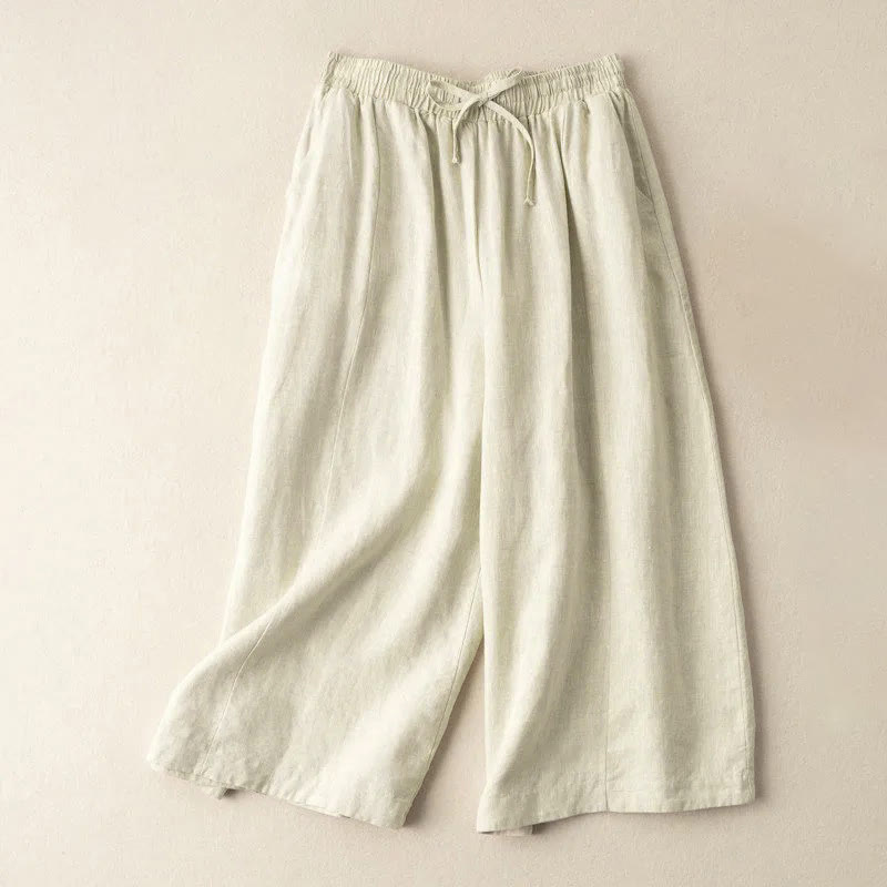 Buddha Stones Plain Color 7-8 Length Capri Cropped Pants Cotton Linen Women's Wide Leg Pants With Pockets - Beige - US12，UK/AU16，EU44 (3XL) - image 22
