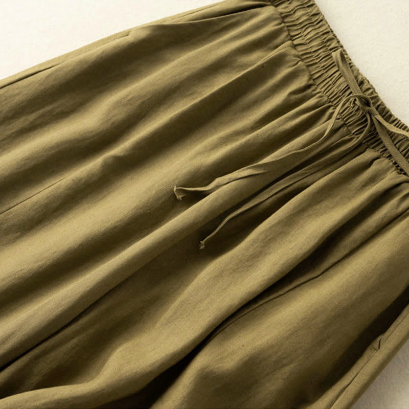 Buddha Stones Plain Color 7-8 Length Capri Cropped Pants Cotton Linen Women's Wide Leg Pants With Pockets - image 12