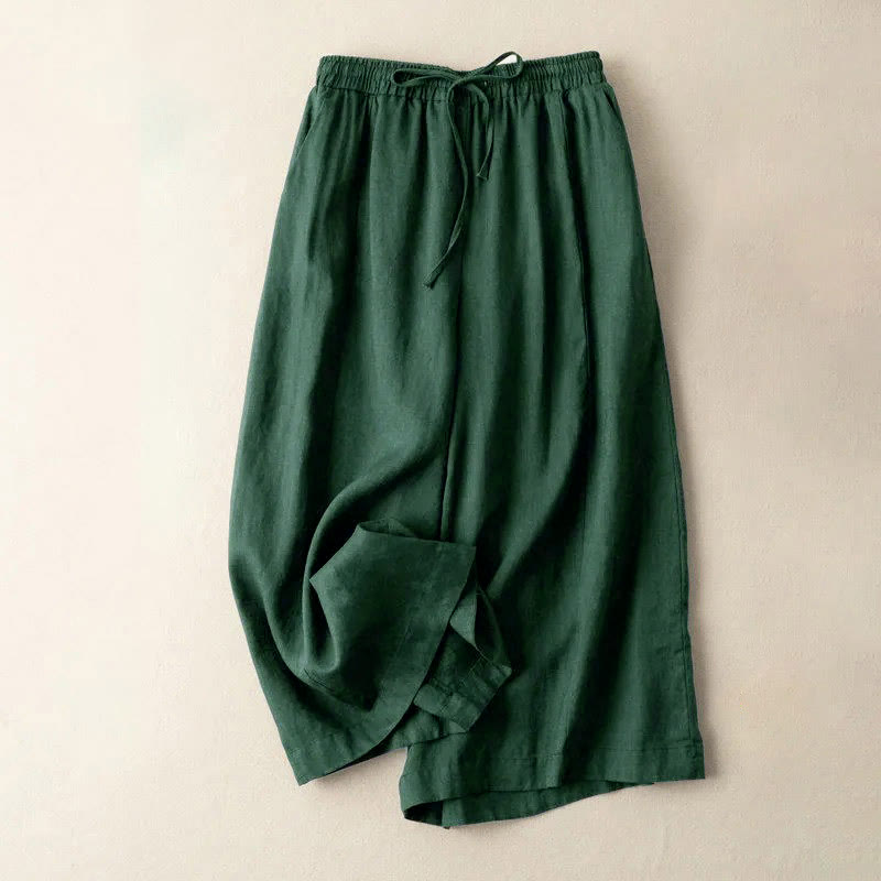 Buddha Stones Plain Color 7-8 Length Capri Cropped Pants Cotton Linen Women's Wide Leg Pants With Pockets - DarkSlateGray - US12，UK/AU16，EU44 (3XL) - image 20