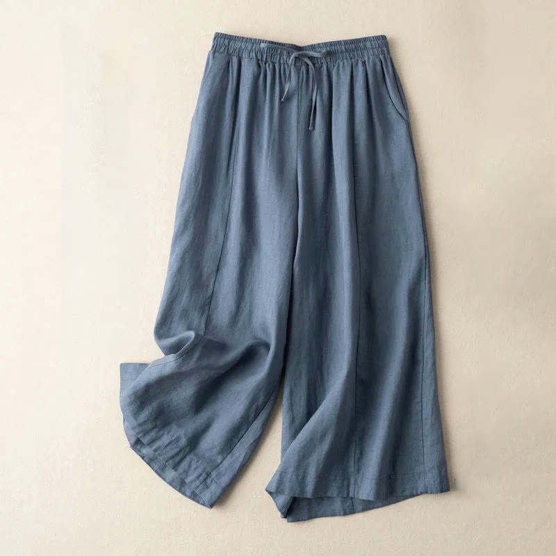 Buddha Stones Plain Color 7-8 Length Capri Cropped Pants Cotton Linen Women's Wide Leg Pants With Pockets - SteelBlue - US12，UK/AU16，EU44 (3XL) - image 27