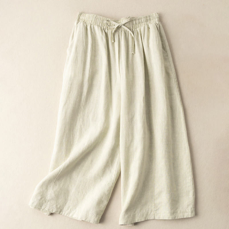 Buddha Stones Plain Color 7-8 Length Capri Cropped Pants Cotton Linen Women's Wide Leg Pants With Pockets - image 24