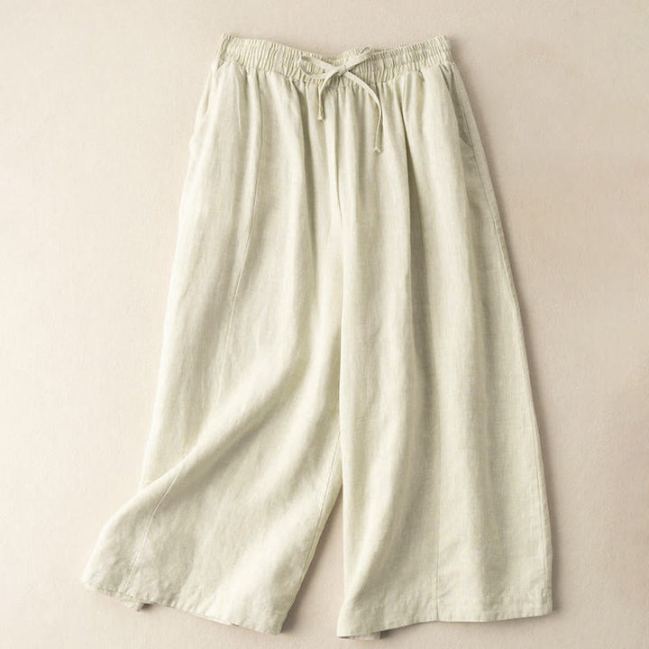 Buddha Stones Plain Color 7-8 Length Capri Cropped Pants Cotton Linen Women's Wide Leg Pants With Pockets - image 24