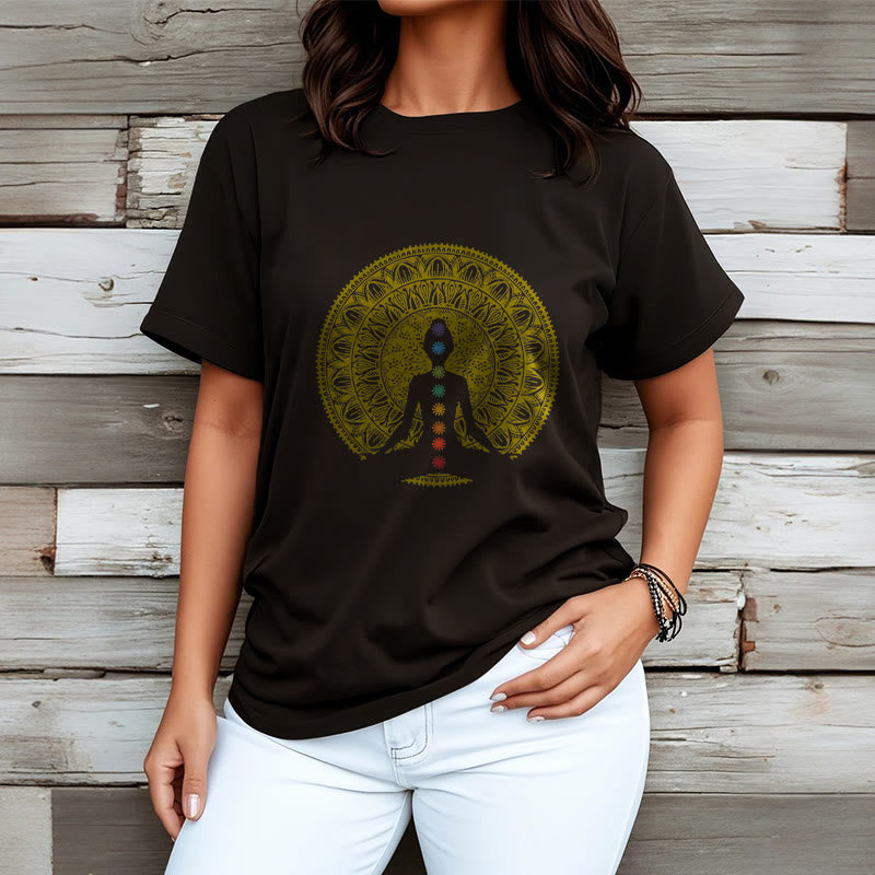 Buddha Stones Casual Colorful Chakra Symbols Golden Meditative Figure Pattern Cotton Tee T-shirt - image 4