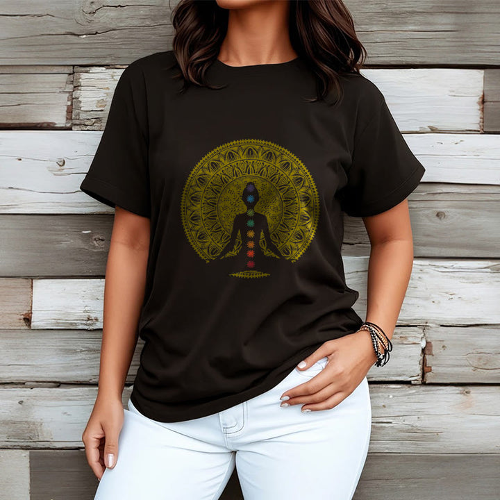 Buddha Stones Casual Colorful Chakra Symbols Golden Meditative Figure Pattern Cotton Tee T-shirt - image 4
