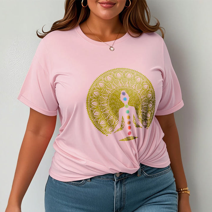 Buddha Stones Casual Colorful Chakra Symbols Golden Meditative Figure Pattern Cotton Tee T-shirt - image 14