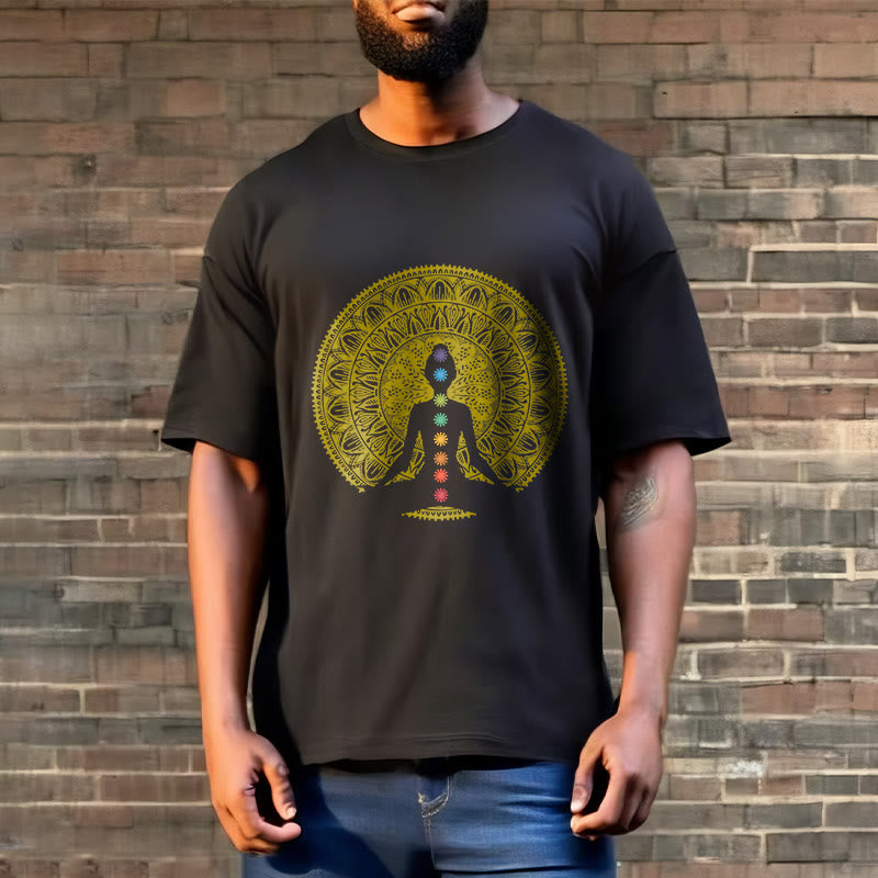 Buddha Stones Casual Colorful Chakra Symbols Golden Meditative Figure Pattern Cotton Tee T-shirt - image 3