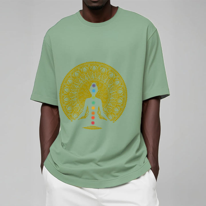 Buddha Stones Casual Colorful Chakra Symbols Golden Meditative Figure Pattern Cotton Tee T-shirt - image 16